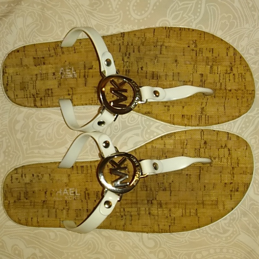 Michael kors Women's Cork Sandals flip flops White MK logo charm jelly PVC, SZ 9